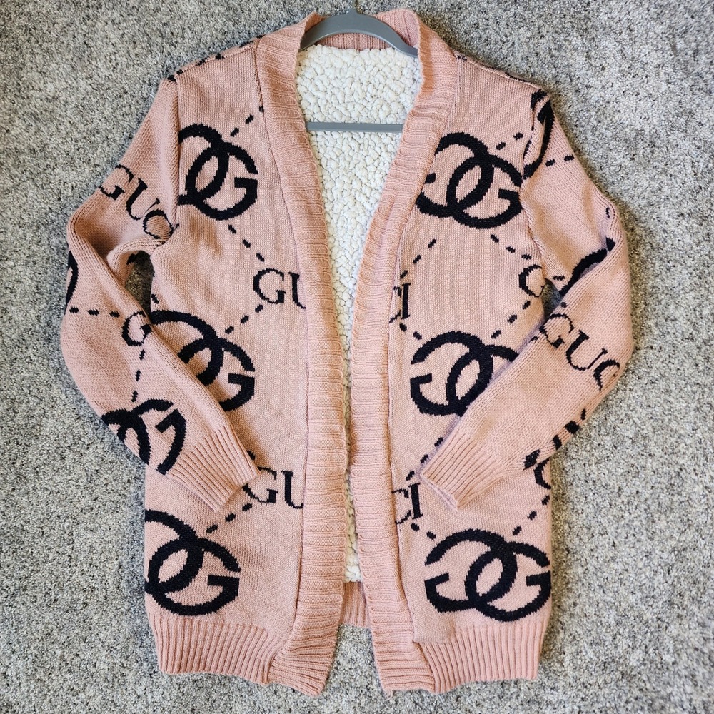 Unbranded Monogram Cardigan Womens L Pink Sherpa Lined Open Front GUC